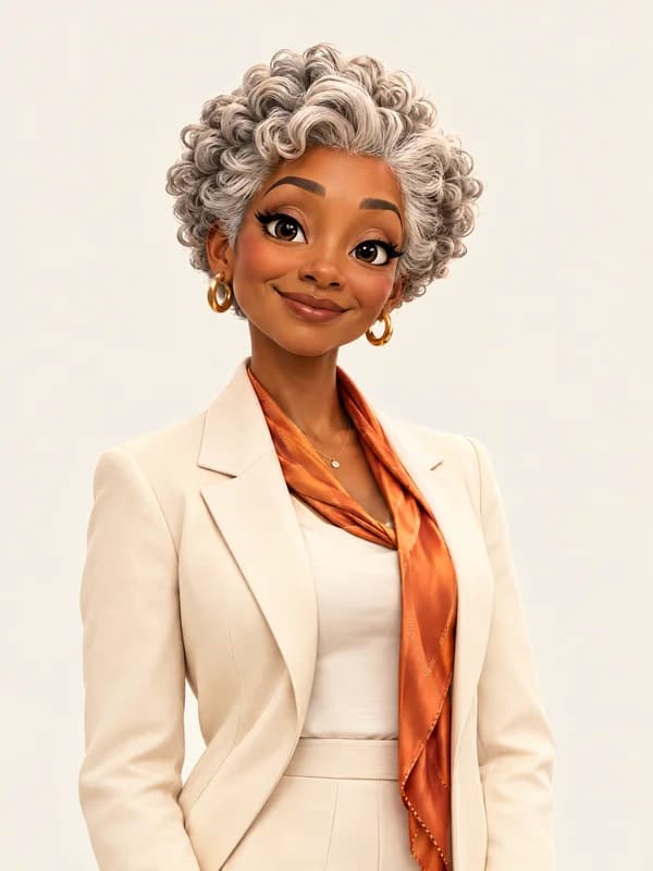YOUniverse's personal Concierge character, wearing a cream suit and orange scarf